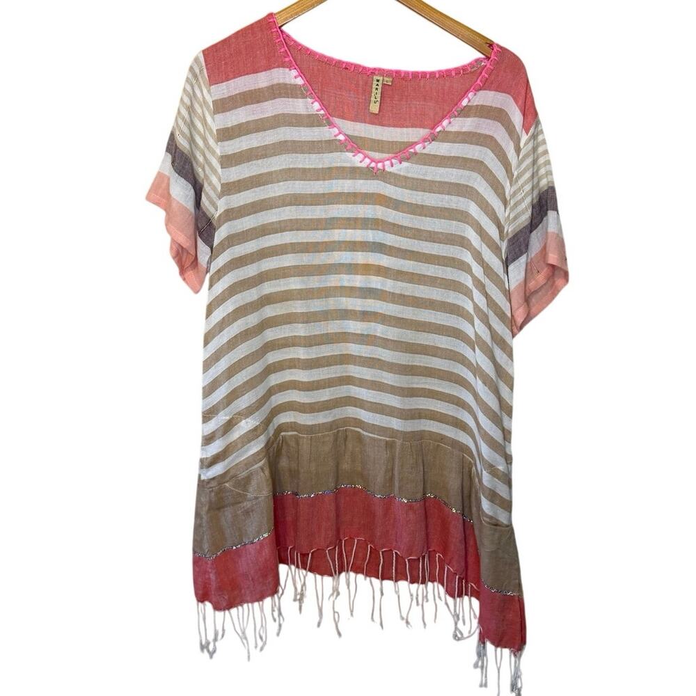 Marilu’ Y2K Striped Boho Fringe Swim Coverup Tunic Pink & Tan Large